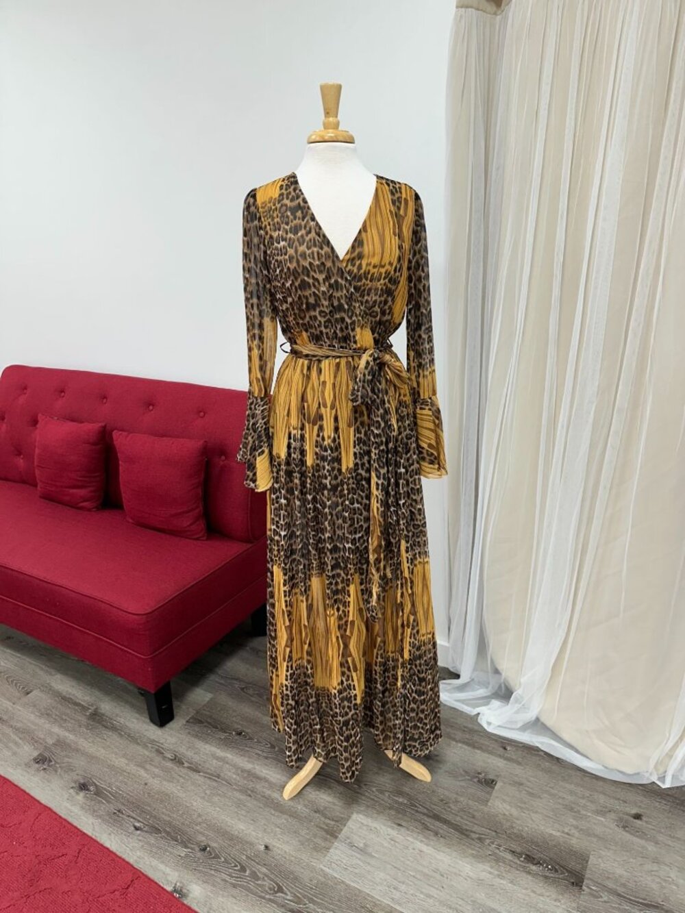 Medium Cheetah Print Chiffon Summer Long Sleeve Sundress Beach Cover Up